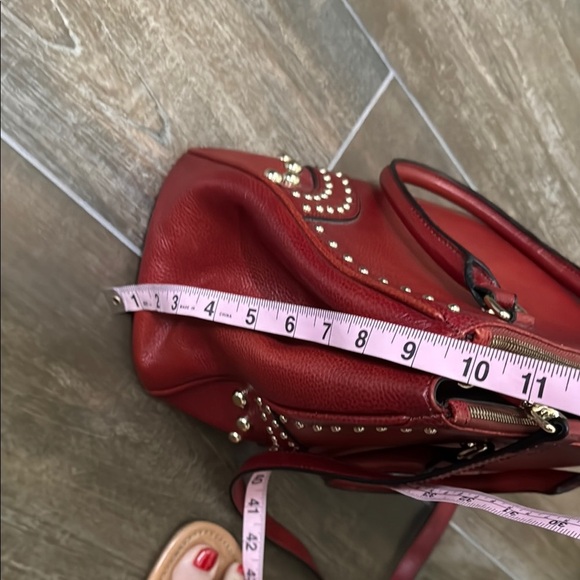 Red Studded leather Satchel with gold Accents - Picture 10 of 15